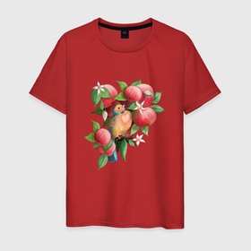 Мужская футболка хлопок с принтом Птица в яблоках в Санкт-Петербурге, 100% хлопок | прямой крой, круглый вырез горловины, длина до линии бедер, слегка спущенное плечо. | Тематика изображения на принте: 