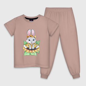 Детская пижама хлопок с принтом Зайка на подсолнухе в Тюмени, 100% хлопок |  брюки и футболка прямого кроя, без карманов, на брюках мягкая резинка на поясе и по низу штанин
 | Тематика изображения на принте: 