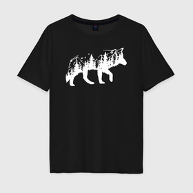 Мужская футболка хлопок Oversize с принтом Силуэт тайги в волке в Тюмени, 100% хлопок | свободный крой, круглый ворот, “спинка” длиннее передней части | 
