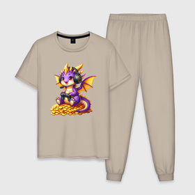 Мужская пижама хлопок с принтом Cutie dragon cub is an avid gamer в Екатеринбурге, 100% хлопок | брюки и футболка прямого кроя, без карманов, на брюках мягкая резинка на поясе и по низу штанин
 | 