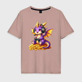 Мужская футболка хлопок Oversize с принтом Cutie dragon cub is an avid gamer в Новосибирске, 100% хлопок | свободный крой, круглый ворот, “спинка” длиннее передней части | 