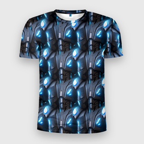 Мужская футболка 3D Slim с принтом Кибернетическая броня синяя , 100% полиэстер с улучшенными характеристиками | приталенный силуэт, круглая горловина, широкие плечи, сужается к линии бедра | Тематика изображения на принте: 