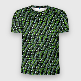 Мужская футболка 3D Slim с принтом Зелёные черепа на чёрном фоне в Санкт-Петербурге, 100% полиэстер с улучшенными характеристиками | приталенный силуэт, круглая горловина, широкие плечи, сужается к линии бедра | 