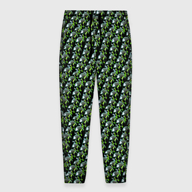 Мужские брюки 3D с принтом Зелёные черепа на чёрном фоне в Санкт-Петербурге, 100% полиэстер | манжеты по низу, эластичный пояс регулируется шнурком, по бокам два кармана без застежек, внутренняя часть кармана из мелкой сетки | 