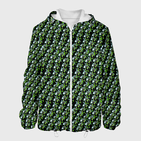 Мужская куртка 3D с принтом Зелёные черепа на чёрном фоне в Санкт-Петербурге, ткань верха — 100% полиэстер, подклад — флис | прямой крой, подол и капюшон оформлены резинкой с фиксаторами, два кармана без застежек по бокам, один большой потайной карман на груди. Карман на груди застегивается на липучку | 