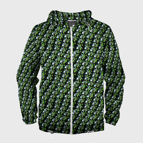 Мужская ветровка 3D с принтом Зелёные черепа на чёрном фоне в Санкт-Петербурге, 100% полиэстер | подол и капюшон оформлены резинкой с фиксаторами, два кармана без застежек по бокам, один потайной карман на груди | 