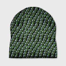 Шапка 3D с принтом Зелёные черепа на чёрном фоне в Санкт-Петербурге, 100% полиэстер | универсальный размер, печать по всей поверхности изделия | 