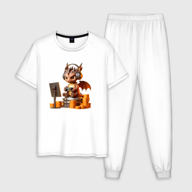 Мужская пижама хлопок с принтом Угрюмый дракончик геймер , 100% хлопок | брюки и футболка прямого кроя, без карманов, на брюках мягкая резинка на поясе и по низу штанин
 | 