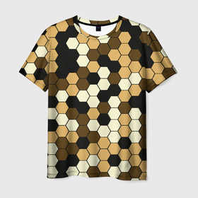Мужская футболка 3D с принтом Камуфляж гексагон коричневый в Санкт-Петербурге, 100% полиэфир | прямой крой, круглый вырез горловины, длина до линии бедер | 
