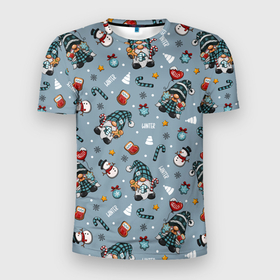 Мужская футболка 3D Slim с принтом Новогодний паттерн с гномами в Кировске, 100% полиэстер с улучшенными характеристиками | приталенный силуэт, круглая горловина, широкие плечи, сужается к линии бедра | 