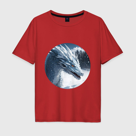 Мужская футболка хлопок Oversize с принтом Снежный дракон в лесу в Петрозаводске, 100% хлопок | свободный крой, круглый ворот, “спинка” длиннее передней части | Тематика изображения на принте: 