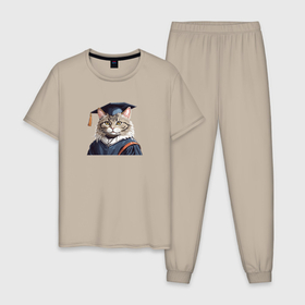 Мужская пижама хлопок с принтом Кот выпускник в Тюмени, 100% хлопок | брюки и футболка прямого кроя, без карманов, на брюках мягкая резинка на поясе и по низу штанин
 | 