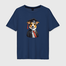 Мужская футболка хлопок Oversize с принтом Собака выпускник в Екатеринбурге, 100% хлопок | свободный крой, круглый ворот, “спинка” длиннее передней части | Тематика изображения на принте: 