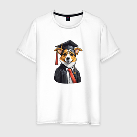 Мужская футболка хлопок с принтом Собака выпускник в Кировске, 100% хлопок | прямой крой, круглый вырез горловины, длина до линии бедер, слегка спущенное плечо. | 