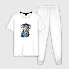 Мужская пижама хлопок с принтом Мышка выпускник в Тюмени, 100% хлопок | брюки и футболка прямого кроя, без карманов, на брюках мягкая резинка на поясе и по низу штанин
 | 