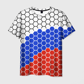 Мужская футболка 3D с принтом Флаг России из гексагонов в Курске, 100% полиэфир | прямой крой, круглый вырез горловины, длина до линии бедер | 