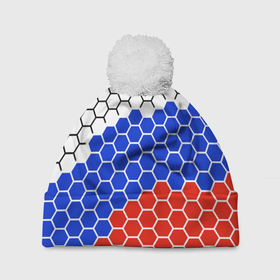 Шапка 3D c помпоном с принтом Флаг России из гексагонов в Курске, 100% полиэстер | универсальный размер, печать по всей поверхности изделия | 