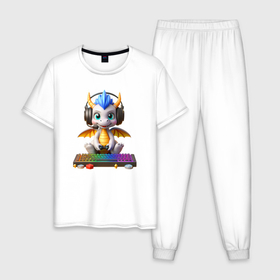 Мужская пижама хлопок с принтом Прикольный дракоша   заядлый геймер в Курске, 100% хлопок | брюки и футболка прямого кроя, без карманов, на брюках мягкая резинка на поясе и по низу штанин
 | 
