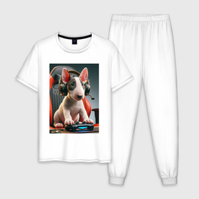 Мужская пижама хлопок с принтом Bull terrier puppy   gamer в Новосибирске, 100% хлопок | брюки и футболка прямого кроя, без карманов, на брюках мягкая резинка на поясе и по низу штанин
 | 