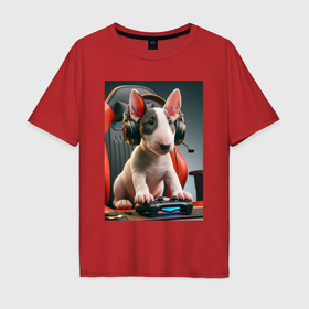 Мужская футболка хлопок Oversize с принтом Bull terrier puppy   gamer в Кировске, 100% хлопок | свободный крой, круглый ворот, “спинка” длиннее передней части | Тематика изображения на принте: 