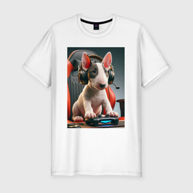 Мужская футболка хлопок Slim с принтом Bull terrier puppy   gamer в Кировске, 92% хлопок, 8% лайкра | приталенный силуэт, круглый вырез ворота, длина до линии бедра, короткий рукав | 