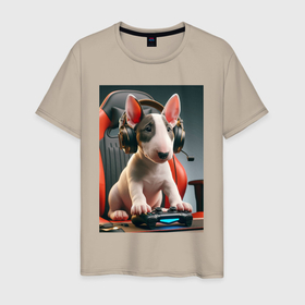 Мужская футболка хлопок с принтом Bull terrier puppy   gamer в Кировске, 100% хлопок | прямой крой, круглый вырез горловины, длина до линии бедер, слегка спущенное плечо. | 