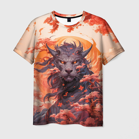Мужская футболка 3D с принтом Тигровый дракон сакура в Кировске, 100% полиэфир | прямой крой, круглый вырез горловины, длина до линии бедер | 