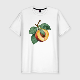 Мужская футболка хлопок Slim с принтом Персик с листьями , 92% хлопок, 8% лайкра | приталенный силуэт, круглый вырез ворота, длина до линии бедра, короткий рукав | 