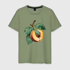 Мужская футболка хлопок с принтом Персик с листьями в Новосибирске, 100% хлопок | прямой крой, круглый вырез горловины, длина до линии бедер, слегка спущенное плечо. | 