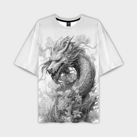 Мужская футболка oversize 3D с принтом Дракон поднимается из зарослей цветов ,  |  | 