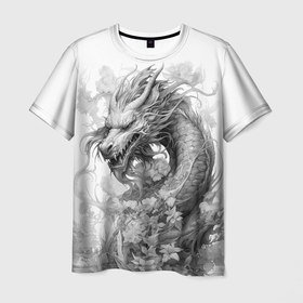Мужская футболка 3D с принтом Дракон поднимается из зарослей цветов в Петрозаводске, 100% полиэфир | прямой крой, круглый вырез горловины, длина до линии бедер | Тематика изображения на принте: 