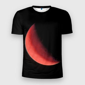 Мужская футболка 3D Slim с принтом Красная луна на чёрном фоне в Курске, 100% полиэстер с улучшенными характеристиками | приталенный силуэт, круглая горловина, широкие плечи, сужается к линии бедра | 