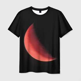 Мужская футболка 3D с принтом Красная луна на чёрном фоне в Екатеринбурге, 100% полиэфир | прямой крой, круглый вырез горловины, длина до линии бедер | 