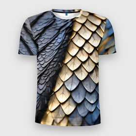 Мужская футболка 3D Slim с принтом Черно золотистая чешуя дракона , 100% полиэстер с улучшенными характеристиками | приталенный силуэт, круглая горловина, широкие плечи, сужается к линии бедра | Тематика изображения на принте: 