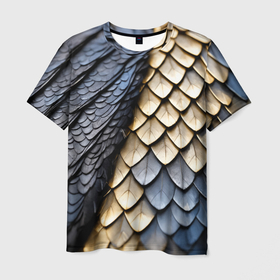 Мужская футболка 3D с принтом Черно золотистая чешуя дракона , 100% полиэфир | прямой крой, круглый вырез горловины, длина до линии бедер | Тематика изображения на принте: 