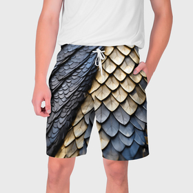 Мужские шорты 3D с принтом Черно золотистая чешуя дракона в Тюмени,  полиэстер 100% | прямой крой, два кармана без застежек по бокам. Мягкая трикотажная резинка на поясе, внутри которой широкие завязки. Длина чуть выше колен | 