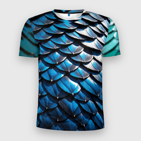 Мужская футболка 3D Slim с принтом Сине черная чешуя дракона в Екатеринбурге, 100% полиэстер с улучшенными характеристиками | приталенный силуэт, круглая горловина, широкие плечи, сужается к линии бедра | 