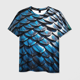 Мужская футболка 3D с принтом Сине черная чешуя дракона , 100% полиэфир | прямой крой, круглый вырез горловины, длина до линии бедер | Тематика изображения на принте: 