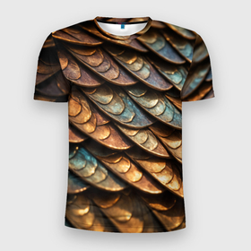 Мужская футболка 3D Slim с принтом Бронзовая металлическая чешуя дракона в Екатеринбурге, 100% полиэстер с улучшенными характеристиками | приталенный силуэт, круглая горловина, широкие плечи, сужается к линии бедра | 
