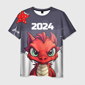 Мужская футболка 3D с принтом Красный    дракон   2024 , 100% полиэфир | прямой крой, круглый вырез горловины, длина до линии бедер | 