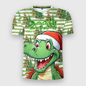 Мужская футболка 3D Slim с принтом Зеленый радостный дракон новогодний в Санкт-Петербурге, 100% полиэстер с улучшенными характеристиками | приталенный силуэт, круглая горловина, широкие плечи, сужается к линии бедра | 
