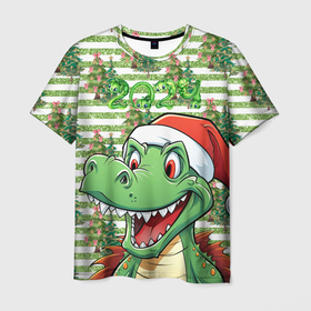 Мужская футболка 3D с принтом Зеленый радостный дракон новогодний в Петрозаводске, 100% полиэфир | прямой крой, круглый вырез горловины, длина до линии бедер | 