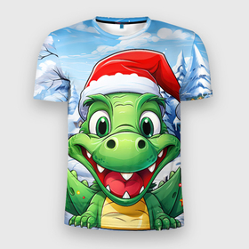 Мужская футболка 3D Slim с принтом Зеленый счастливый дракон новогодний в Санкт-Петербурге, 100% полиэстер с улучшенными характеристиками | приталенный силуэт, круглая горловина, широкие плечи, сужается к линии бедра | 