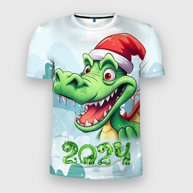 Мужская футболка 3D Slim с принтом Зеленый  счастливый дракон новогодний в Санкт-Петербурге, 100% полиэстер с улучшенными характеристиками | приталенный силуэт, круглая горловина, широкие плечи, сужается к линии бедра | 