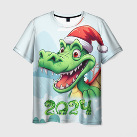 Мужская футболка 3D с принтом Зеленый  счастливый дракон новогодний в Петрозаводске, 100% полиэфир | прямой крой, круглый вырез горловины, длина до линии бедер | 