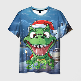 Мужская футболка 3D с принтом Зеленый новогодний счастливый дракон новогодний 2024 в Екатеринбурге, 100% полиэфир | прямой крой, круглый вырез горловины, длина до линии бедер | Тематика изображения на принте: 