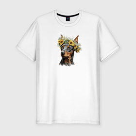 Мужская футболка хлопок Slim с принтом Пинчер в цветочном венке в Екатеринбурге, 92% хлопок, 8% лайкра | приталенный силуэт, круглый вырез ворота, длина до линии бедра, короткий рукав | 