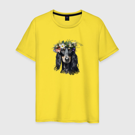 Мужская футболка хлопок с принтом Персидская борзая салюки в цветах в Екатеринбурге, 100% хлопок | прямой крой, круглый вырез горловины, длина до линии бедер, слегка спущенное плечо. | 