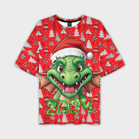 Мужская футболка oversize 3D с принтом Зеленый новогодний дракон на красном фоне в Санкт-Петербурге,  |  | Тематика изображения на принте: 