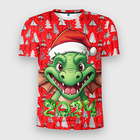 Мужская футболка 3D Slim с принтом Зеленый новогодний дракон на красном фоне в Санкт-Петербурге, 100% полиэстер с улучшенными характеристиками | приталенный силуэт, круглая горловина, широкие плечи, сужается к линии бедра | Тематика изображения на принте: 